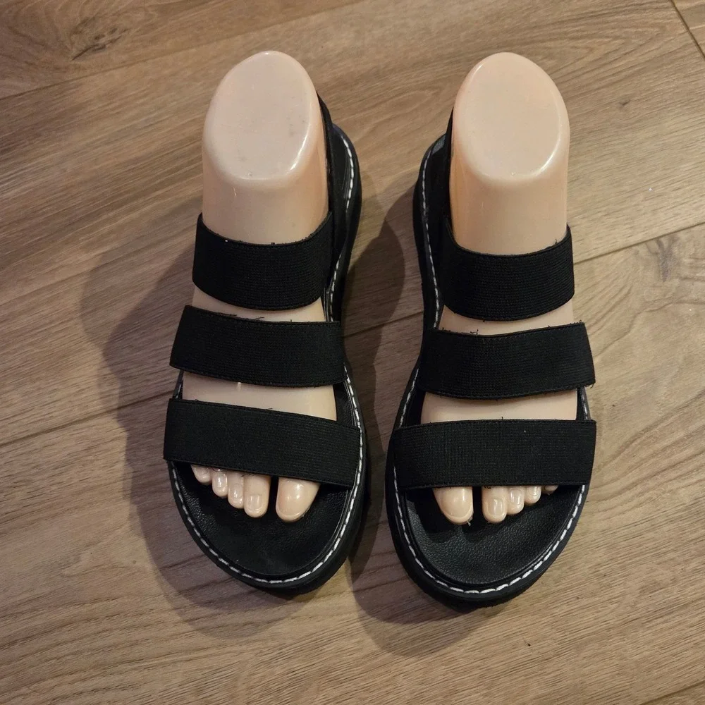 Madden‎ Girl Black Elastic Triple Strap Platform Lug Sole Sandals Slingback